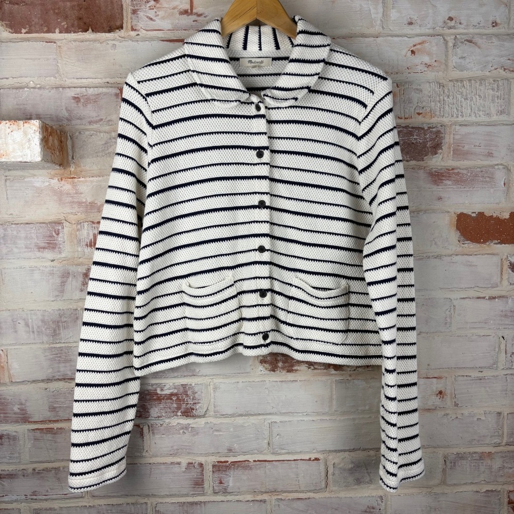Madewell Black White Stripe Crochet Knit Blazer Peter Pan Collar Cotton XL